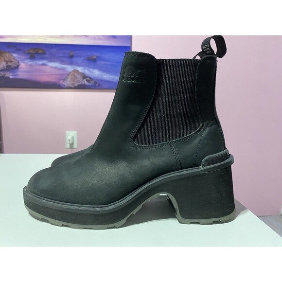 Sorel Ankle Boot 9 Black Hi Line Heel Chelsea Leather Chunky Grunge Punk Moto - Picture 1 of 12